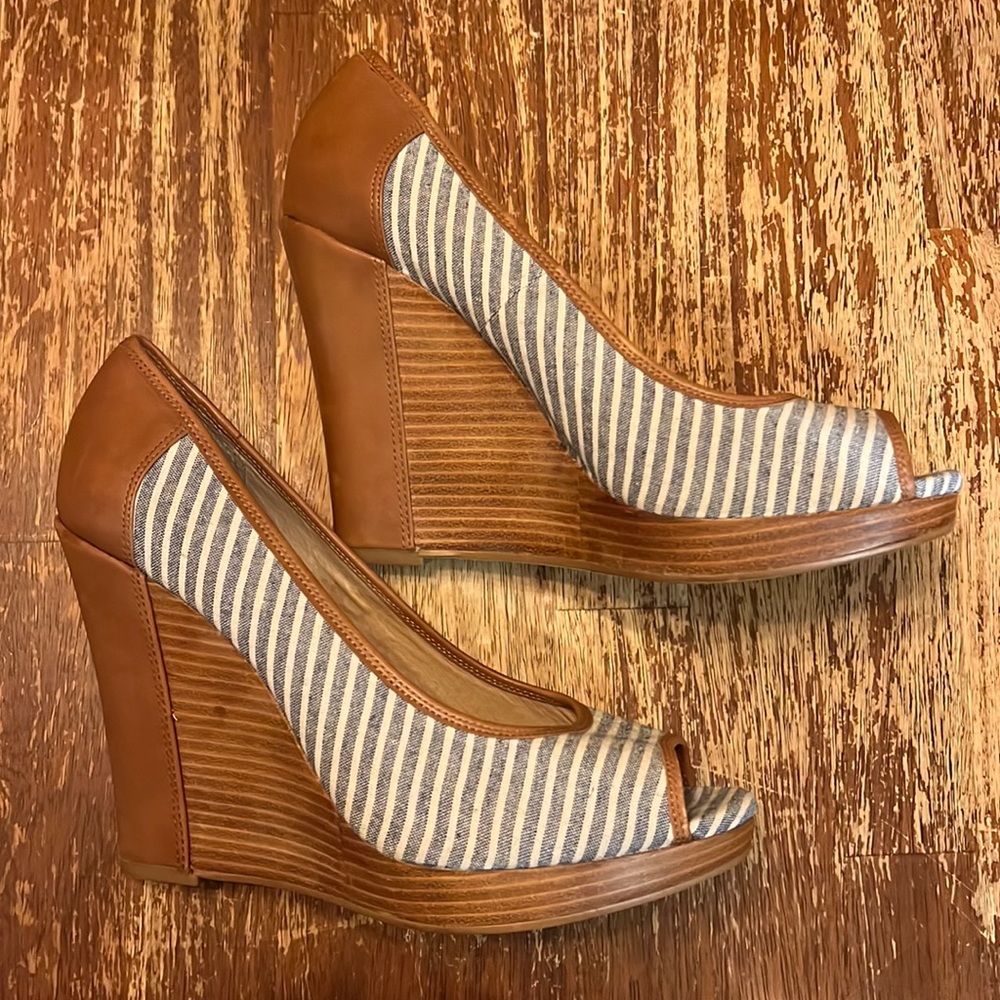 Splendid Striped Blue peep toe Wedge Sandals Women’s Size 9 1/2 Leather Nautical